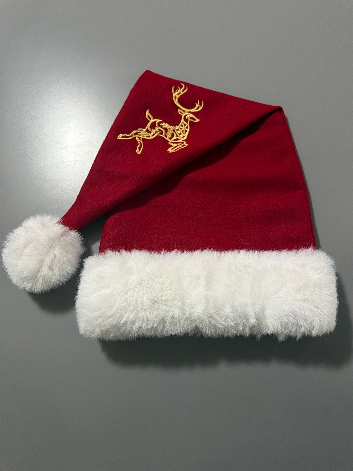 24” Reindeer embroidered burgundy broadcloth wool hat