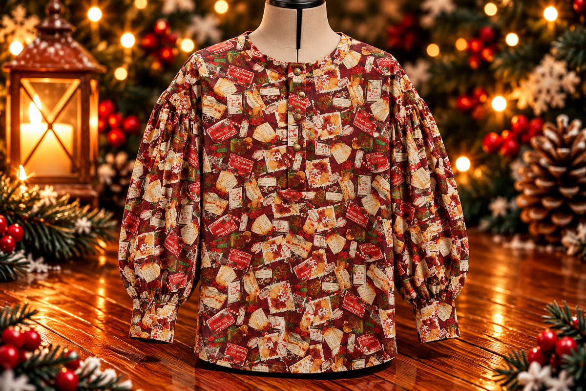 Pre Order Puffy Sleeve Shirt - Red Christmas Stamps