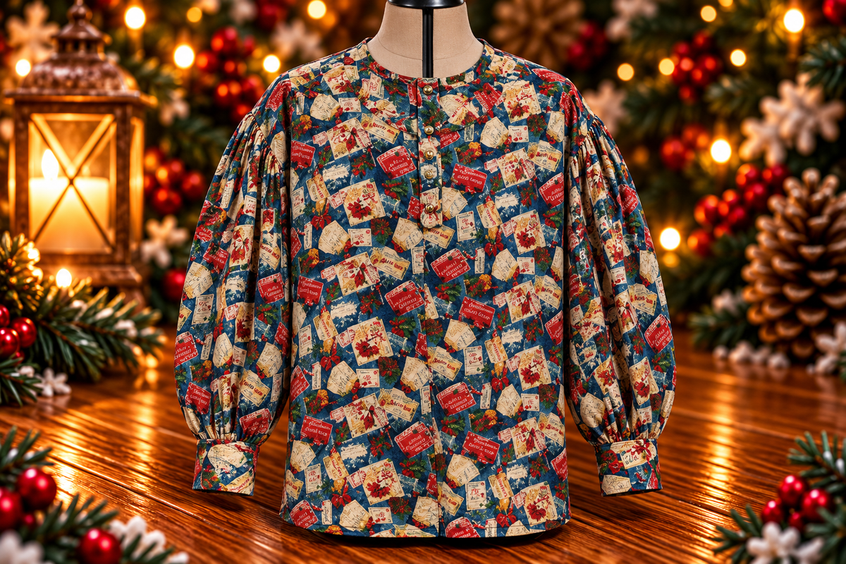 Pre Order Puffy Sleeve Shirt - Blue Christmas Stamps