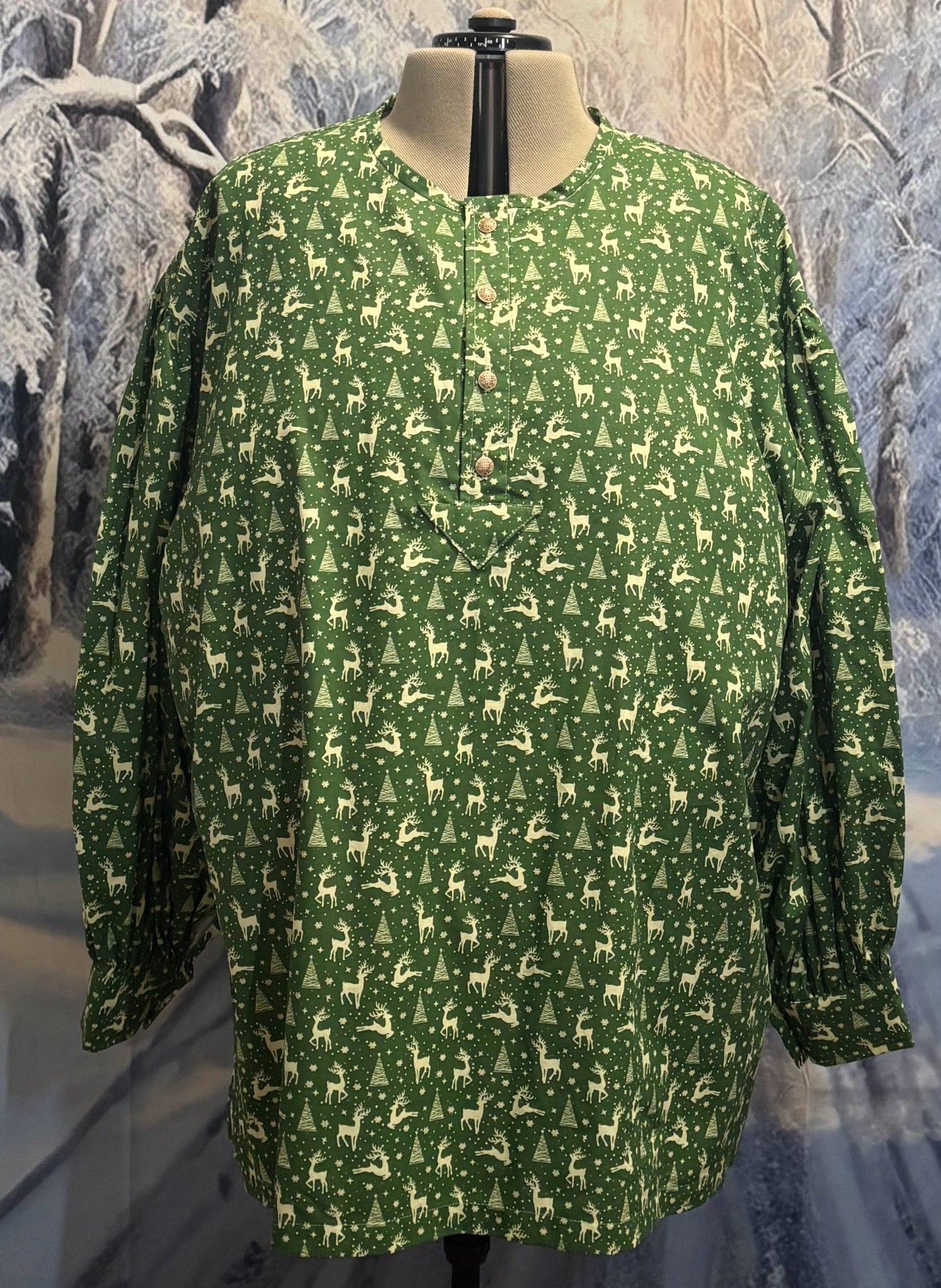 Puffy Sleeve Shirt - Green w/ Cream Trees & Deer