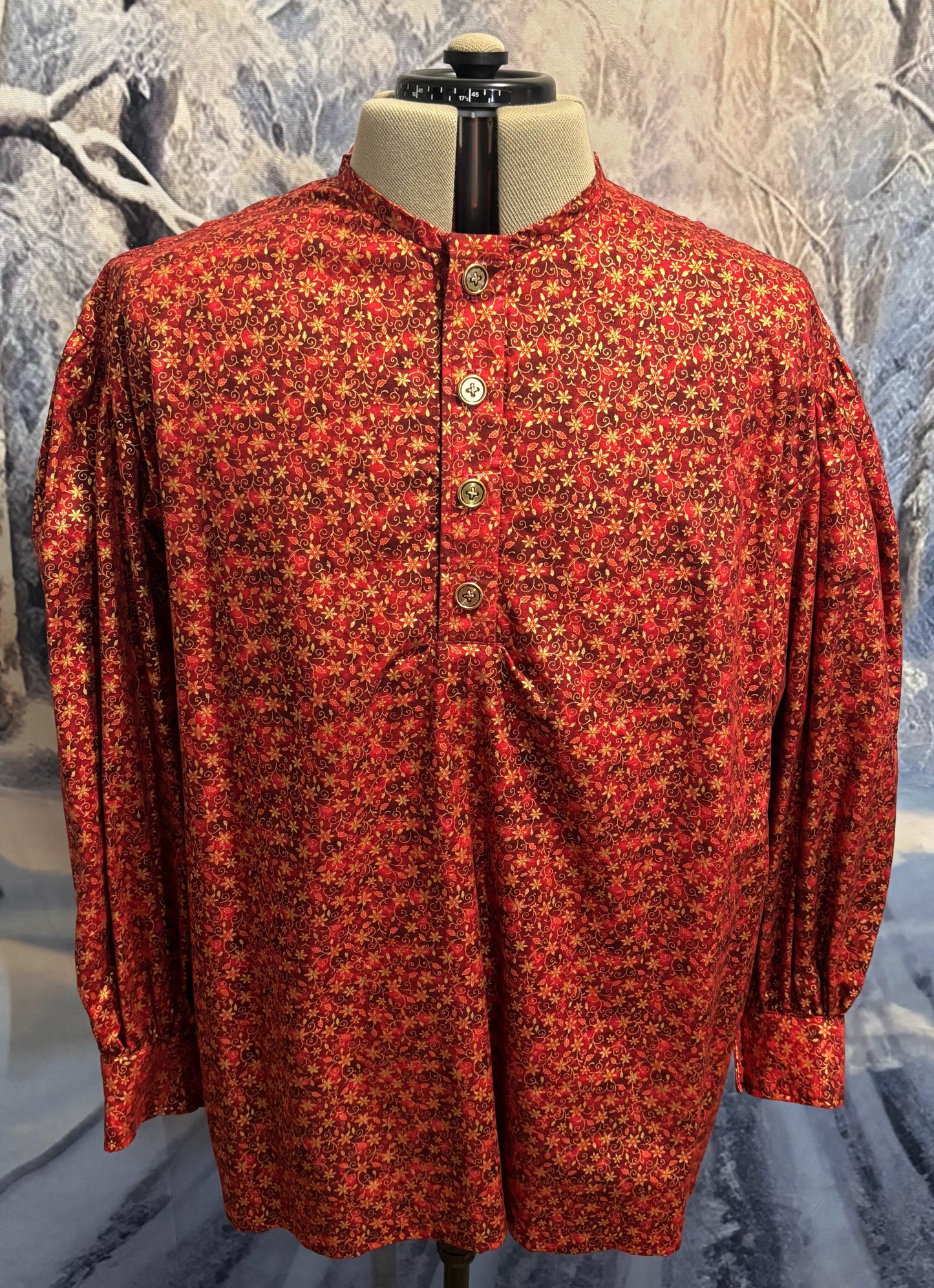 Puffy Sleeve Shirt - Red w/ Gold Poinsettia