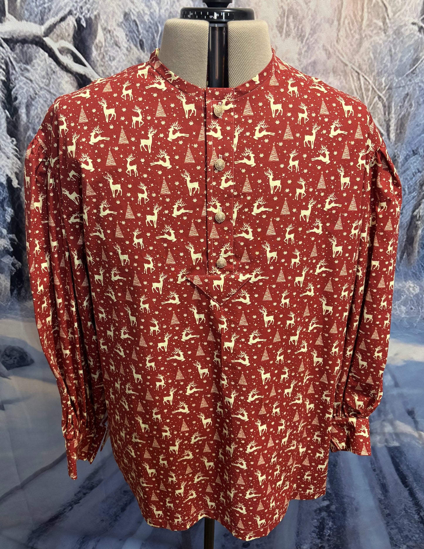 Puffy Sleeve Shirt - Red w/ cream Trees & Deer