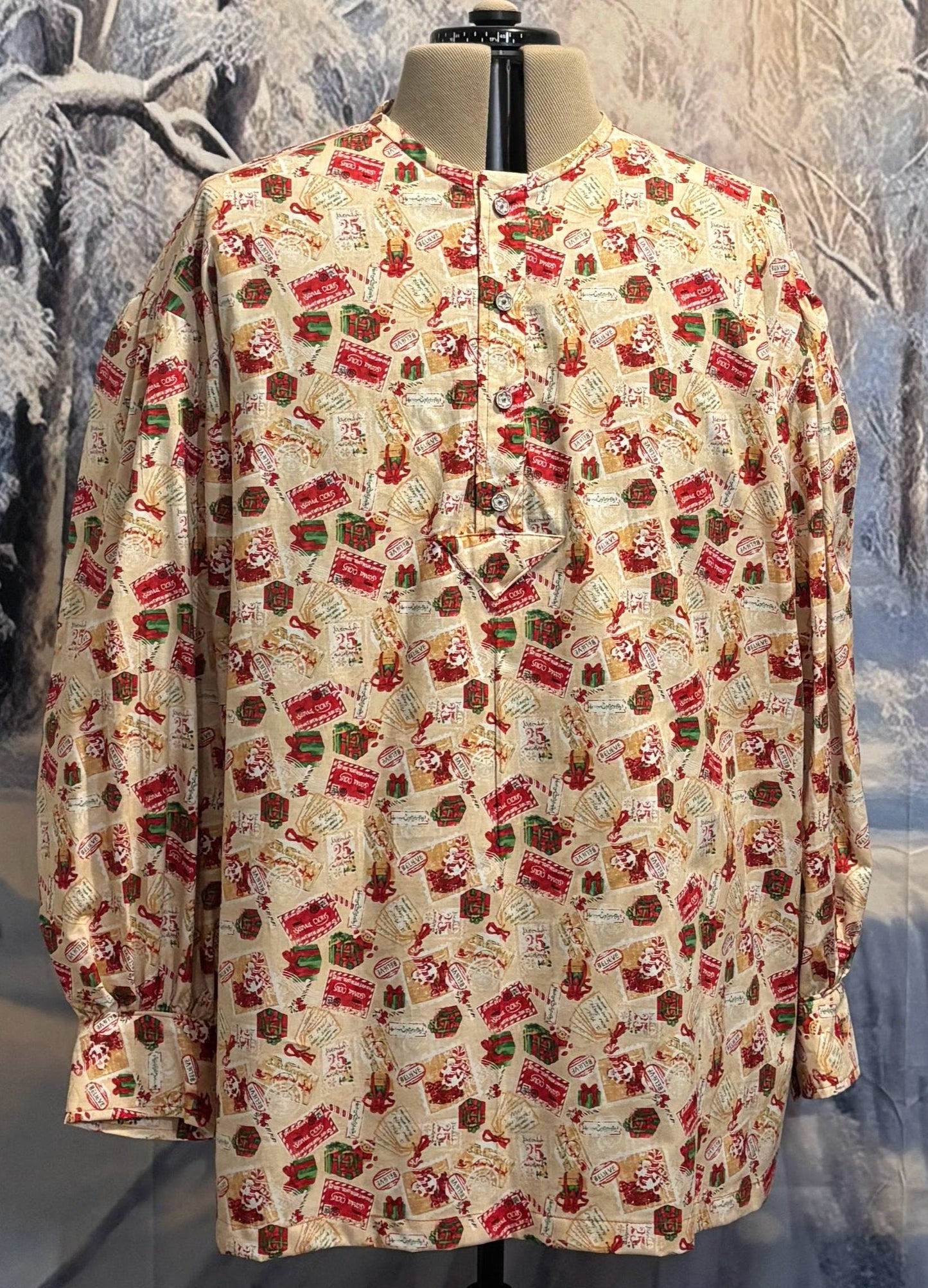 Puffy Sleeve Shirt - Christmas Stamps on Cream
