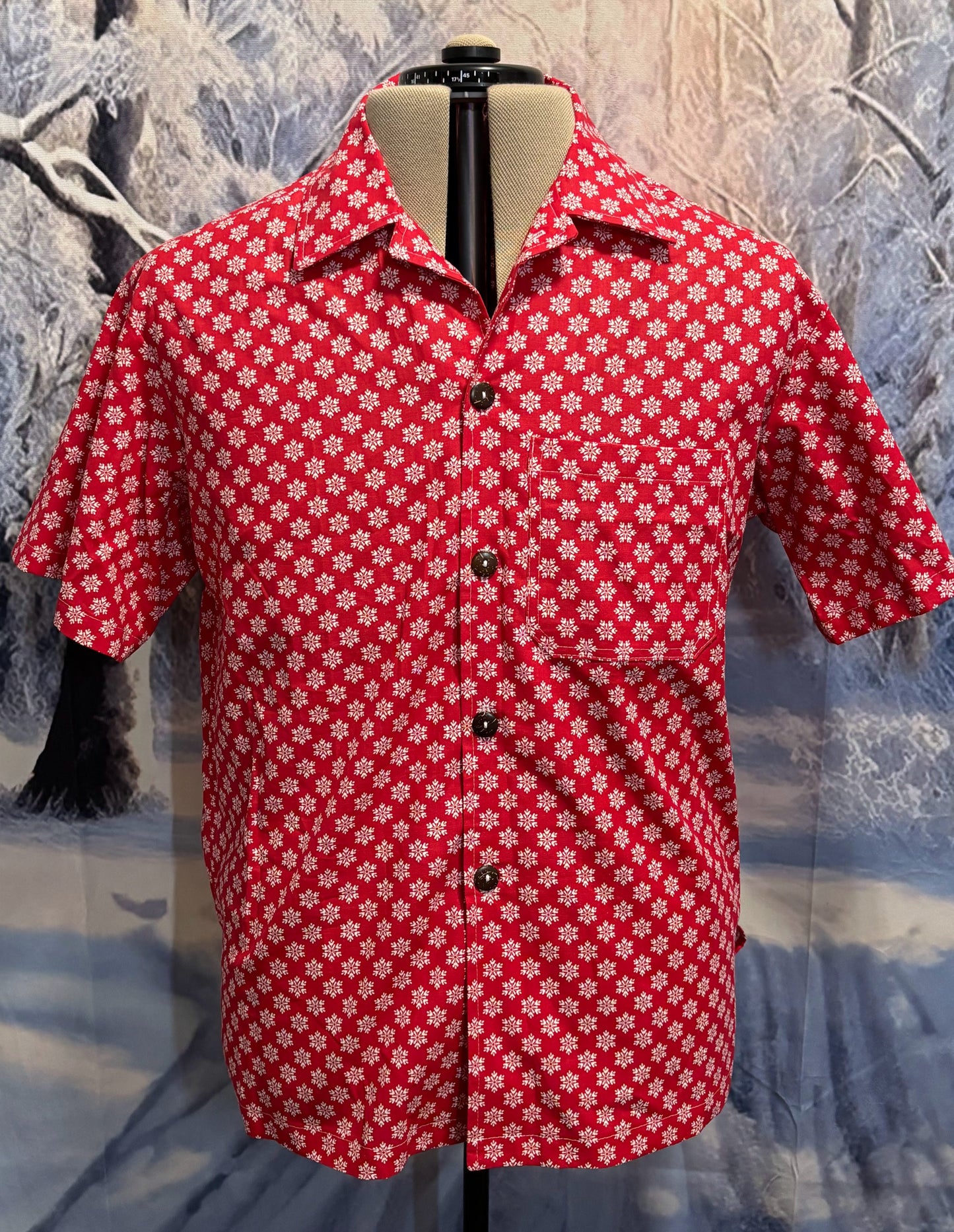 Hawaiian Style Shirt - Red w/ White Snowflakes