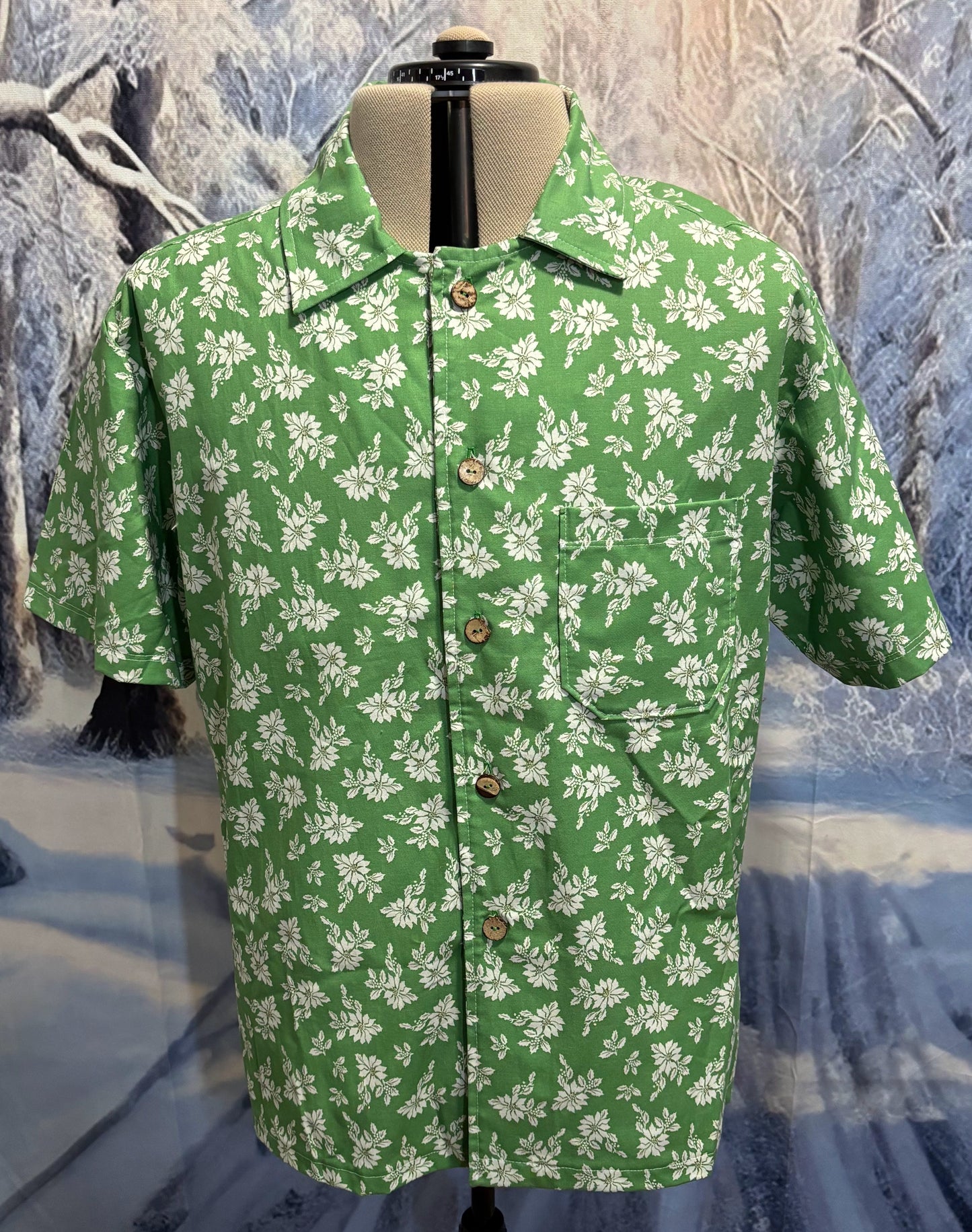 Hawaiian Style Shirt - Green Poinsettia