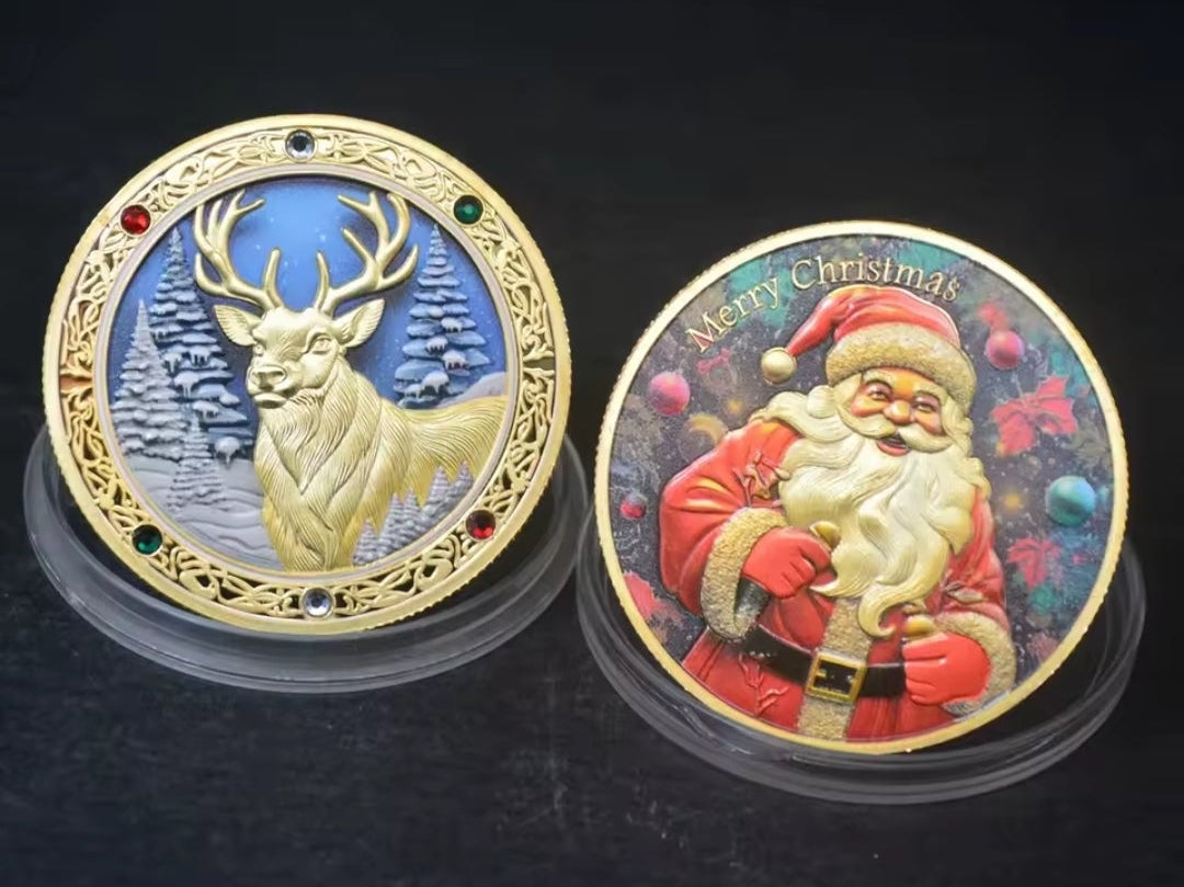 Santa’s Special Collectors Coins - Gold Reindeer w/ Gems & Santa