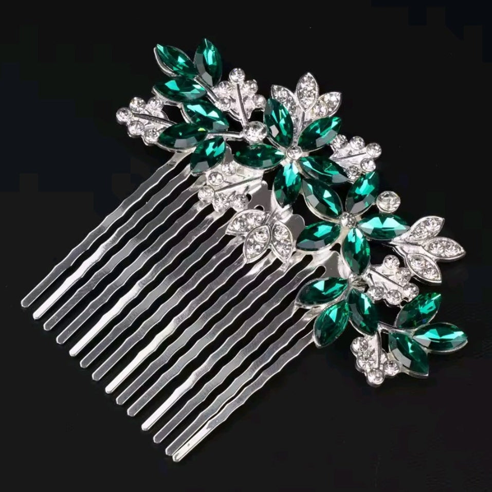 Mrs. Claus Green Gem Silver Hair Comb