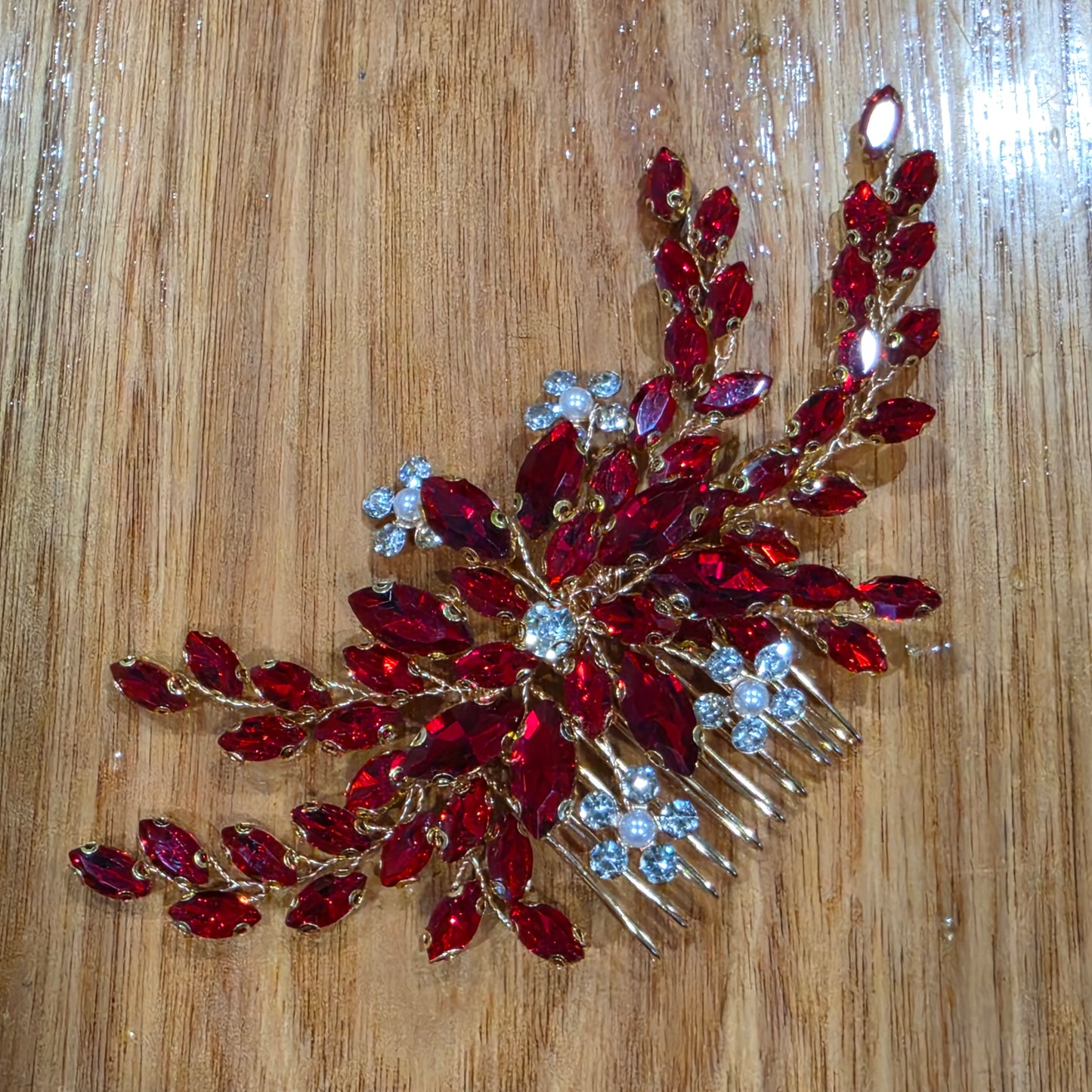 Mrs. Claus Red Crystal Gold Hair Comb