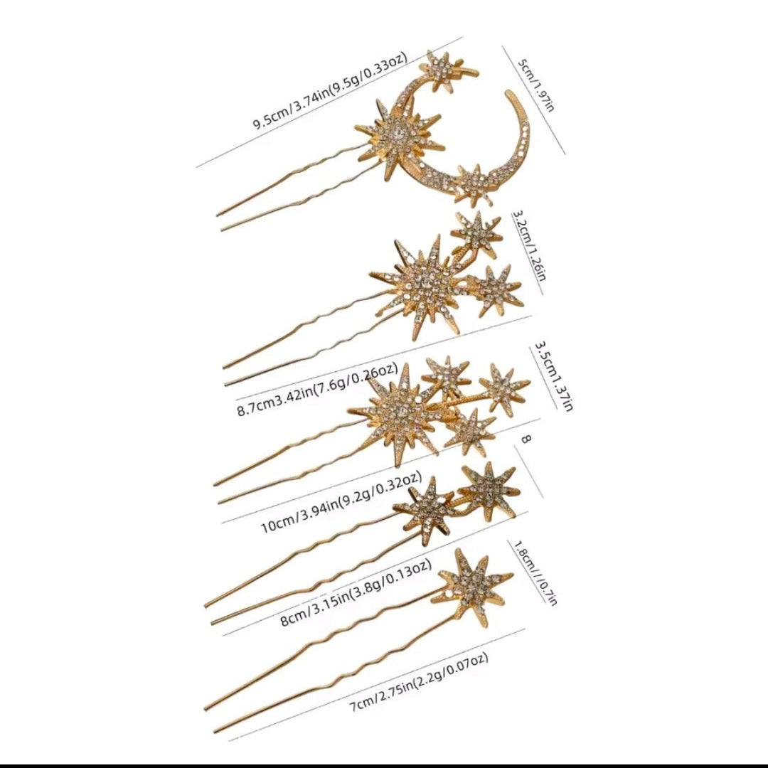 Mrs. Claus Gold Moon & Stars Hairpins