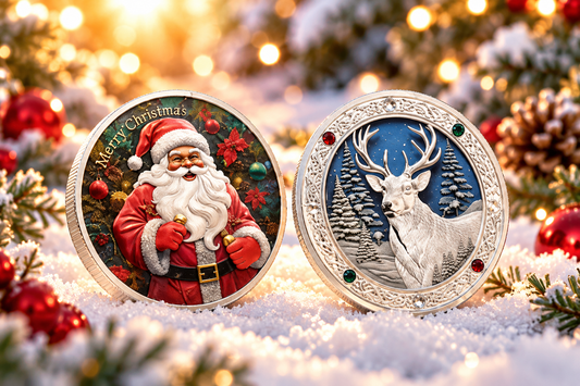 Santa’s Special Collectors Coins - Silver Reindeer w/ Gems & Santa