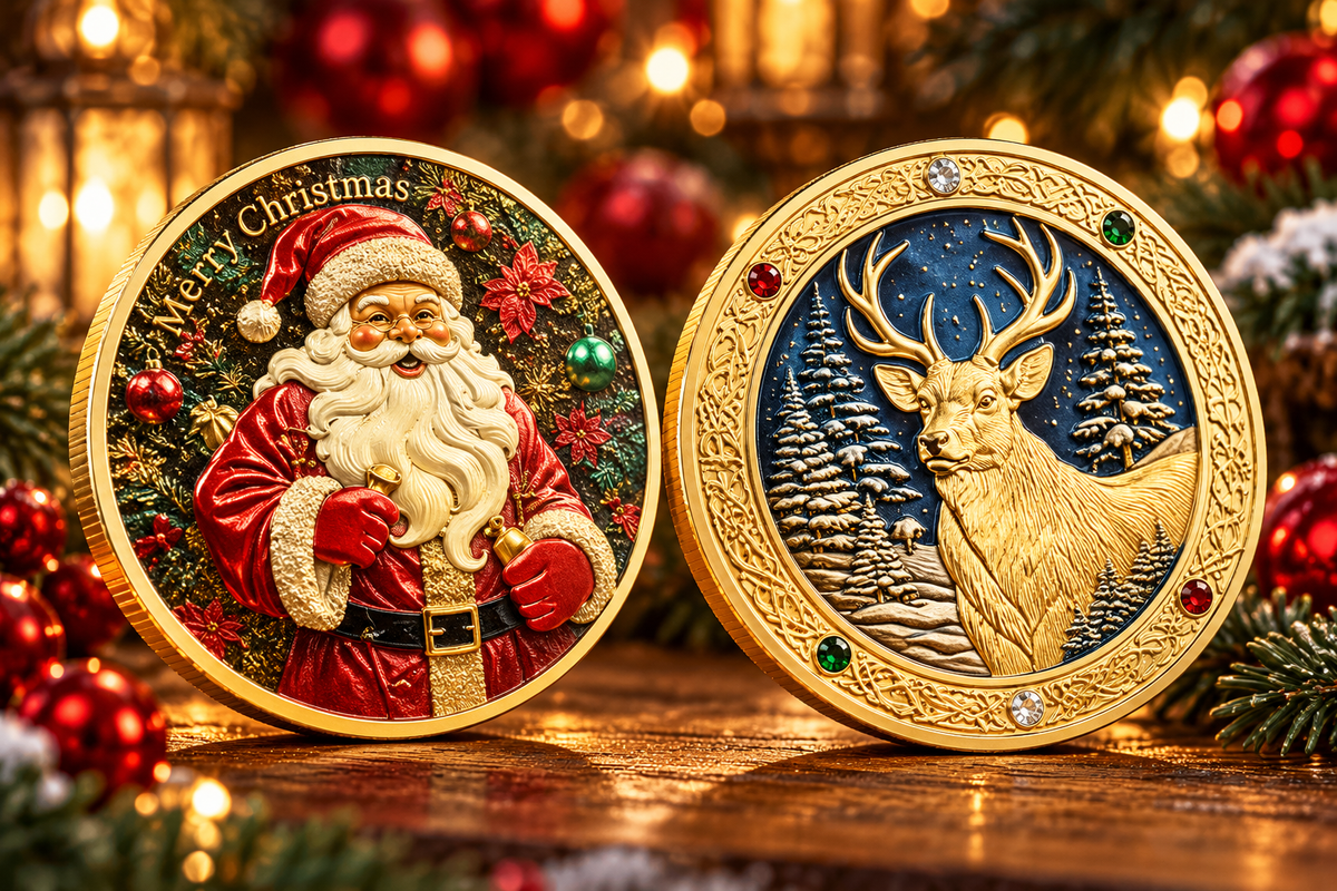 Santa’s Special Collectors Coins - Gold Reindeer w/ Gems & Santa
