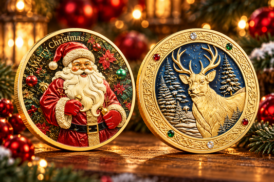 Santa’s Special Collectors Coins - Gold Reindeer w/ Gems & Santa