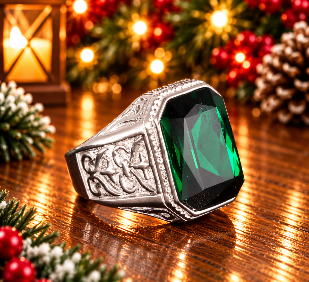 Santa Ring - Silver w/ Green Gem