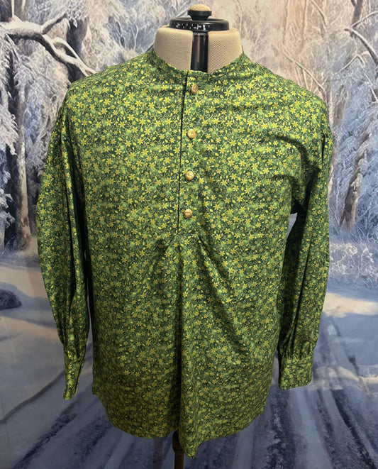 Puffy Sleeve Shirt - Green w/ Gold Poinsettia