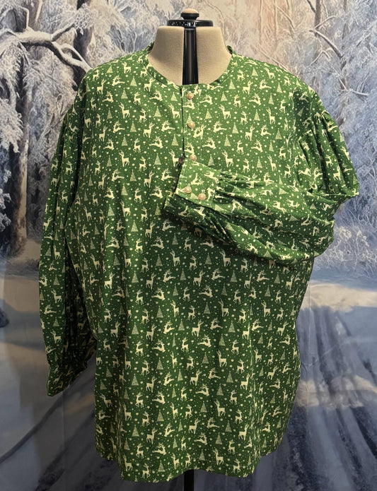 Puffy Sleeve Shirt - Green w/ Cream Trees & Deer