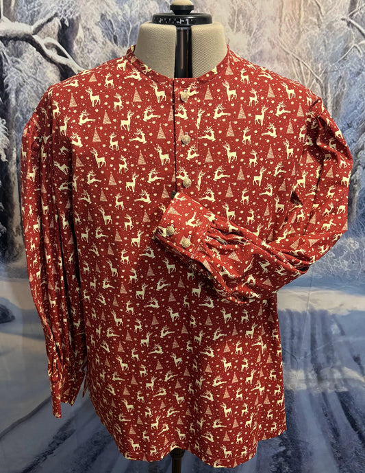 Puffy Sleeve Shirt - Red w/ cream Trees & Deer