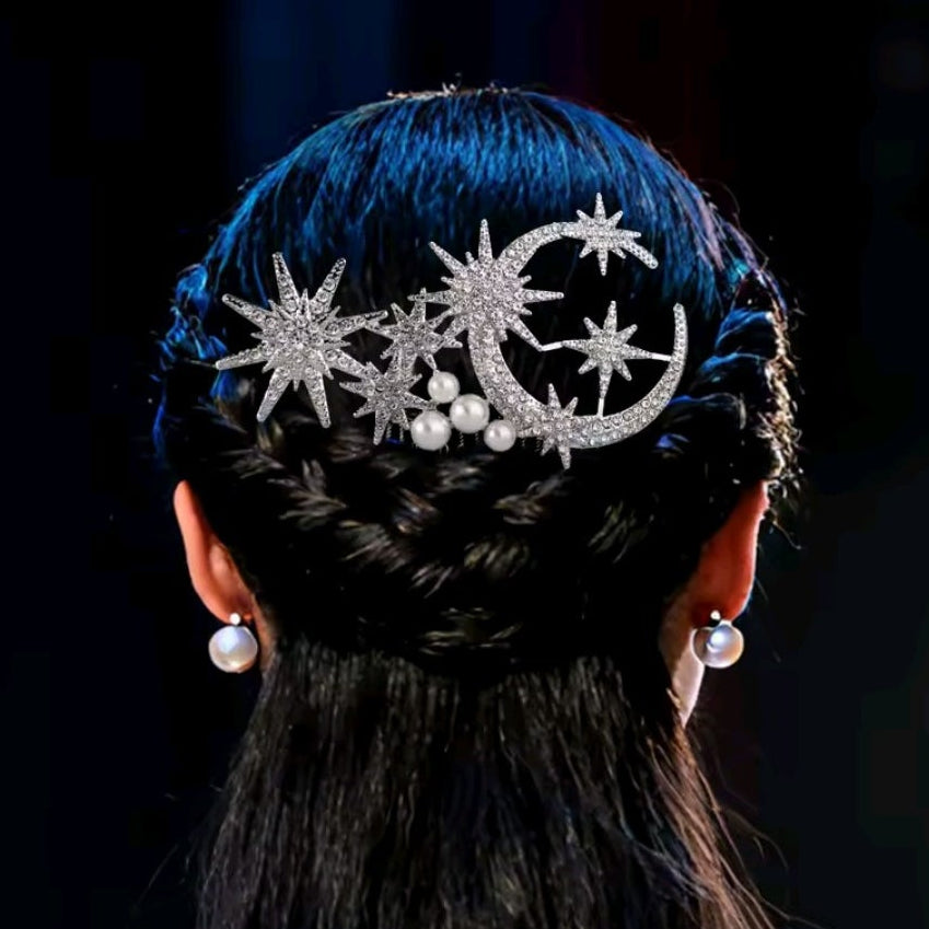 Mrs. Claus Large Silver Stars & Moon Hair Piece