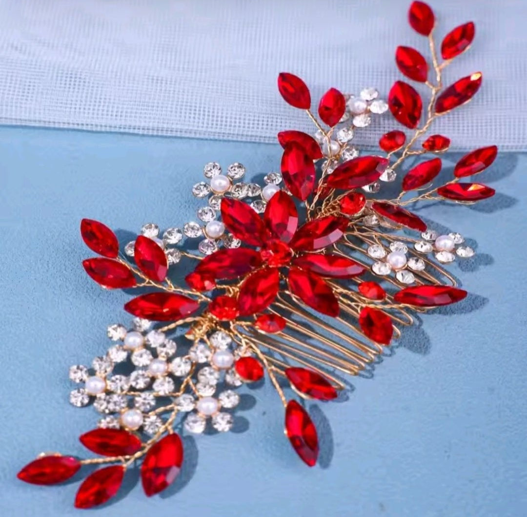 Mrs. Claus Red Crystal Gold Hair Comb