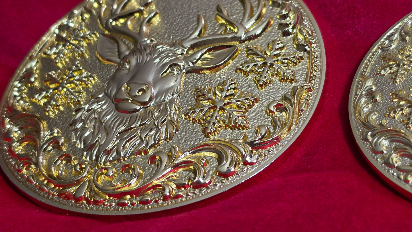 Large 5.5" Reindeer Belt Buckle for up to 4" Belt - Bright Gold