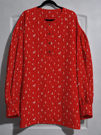 Pre Order Puffy Sleeve Shirt - Red Christmas Print