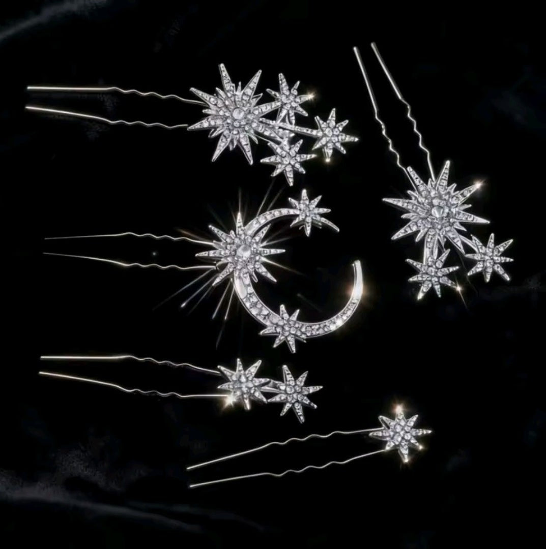 Mrs. Claus Silver Moon & Stars Hairpins