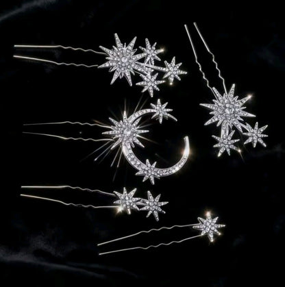 Mrs. Claus Silver Moon & Stars Hairpins