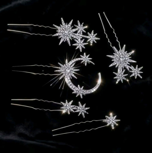 Mrs. Claus Silver Moon & Stars Hairpins