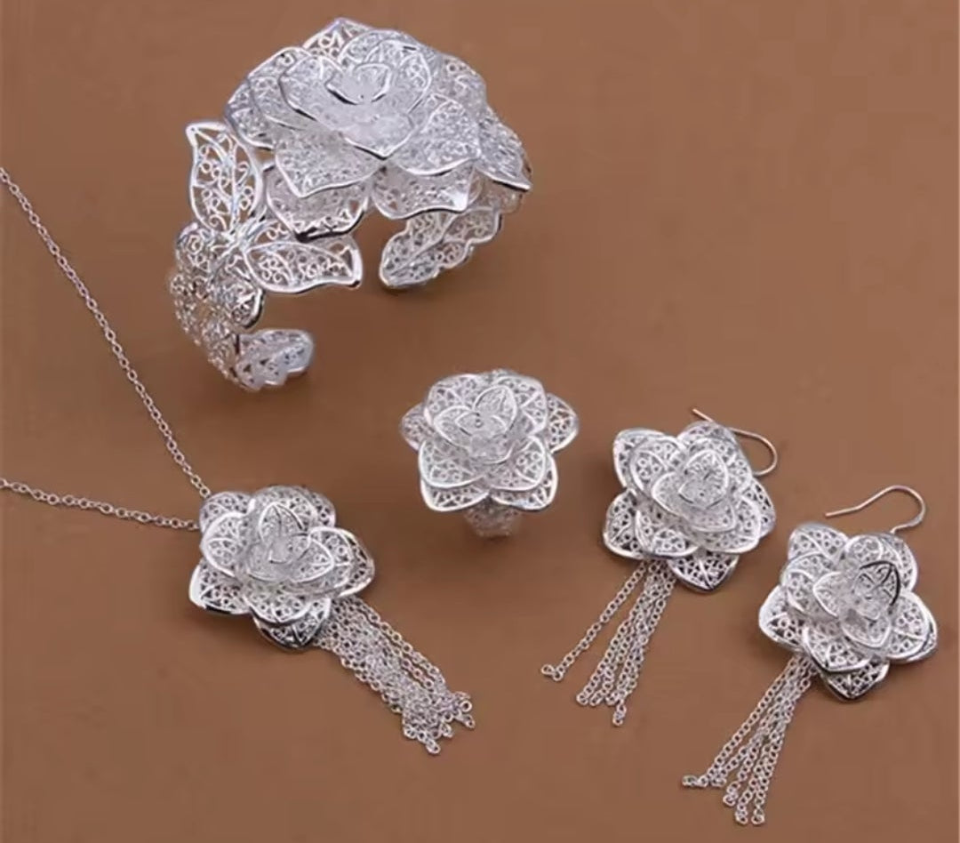 Mrs. Claus Cuff Bracelet, Ring, Necklace & Earring set - Silver Poinsettia