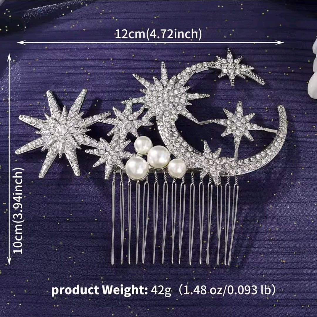 Mrs. Claus Large Silver Stars & Moon Hair Piece