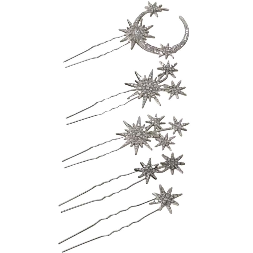 Mrs. Claus Silver Moon & Stars Hairpins