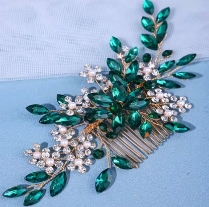 Mrs. Claus Green Crystal Gold Hair Comb