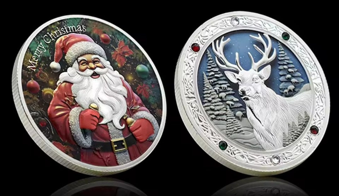 Santa’s Special Collectors Coins - Silver Reindeer w/ Gems & Santa