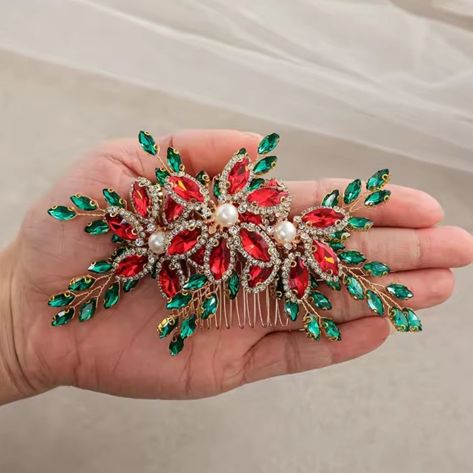 Mrs. Claus Red & Green Crystal Hair Piece
