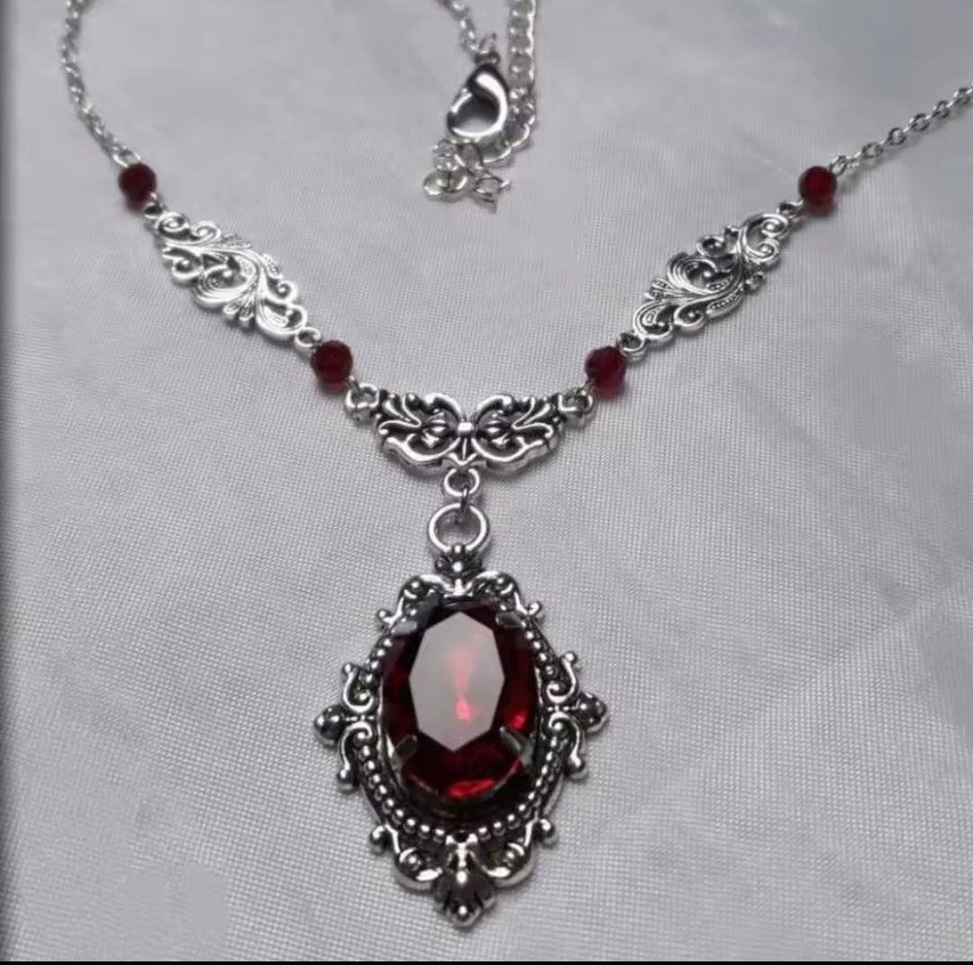 Mrs. Claus Necklace - Silver w/ Red Gem