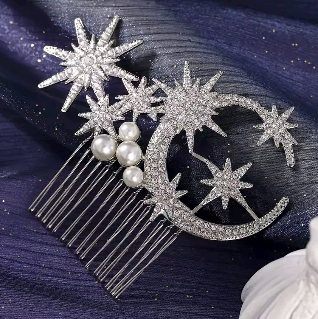 Mrs. Claus Large Silver Stars & Moon Hair Piece
