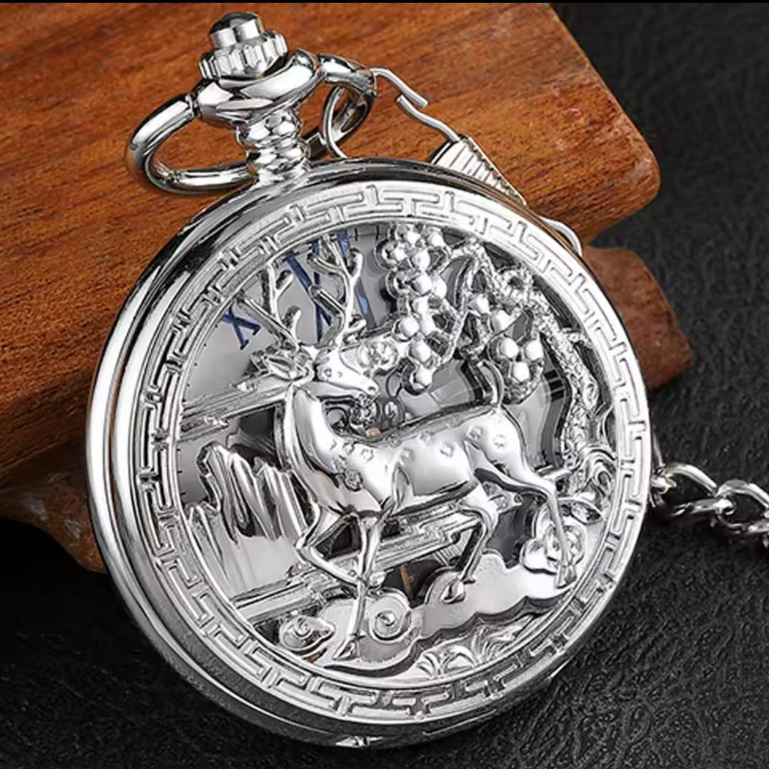 Silver Reindeer Pocket Watch