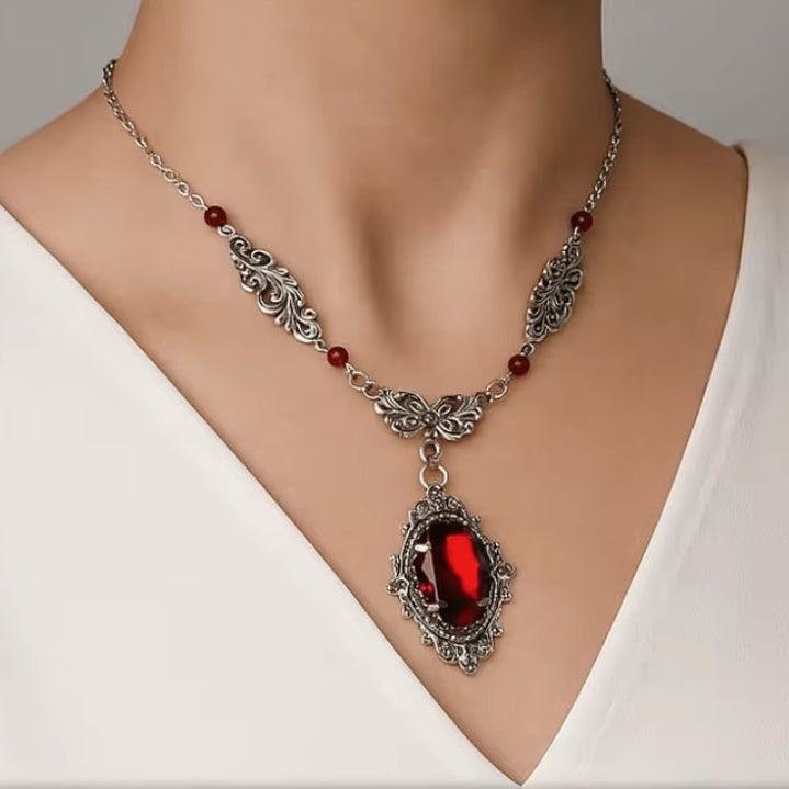 Mrs. Claus Necklace - Silver w/ Red Gem