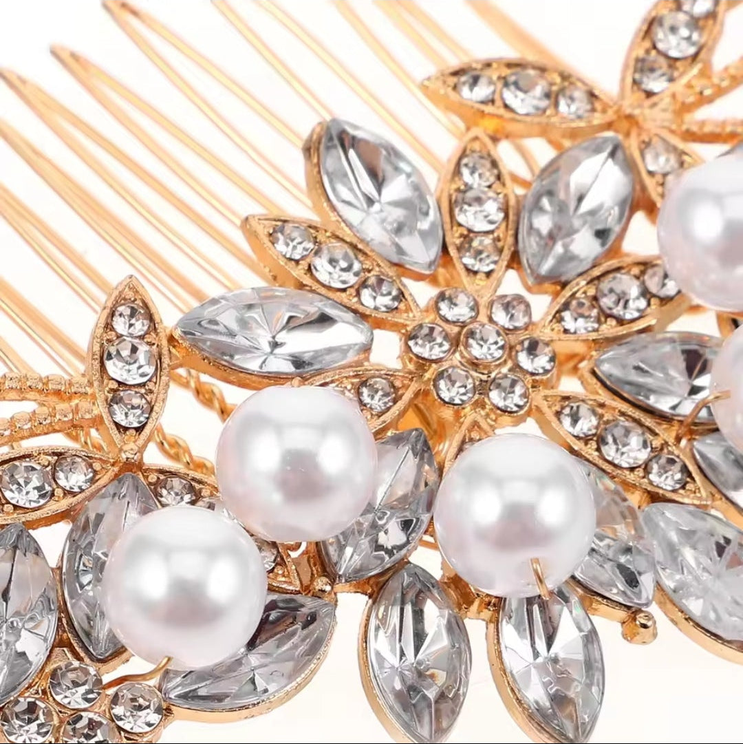 Mrs. Claus Gold Pearl & Flower Hair Piece