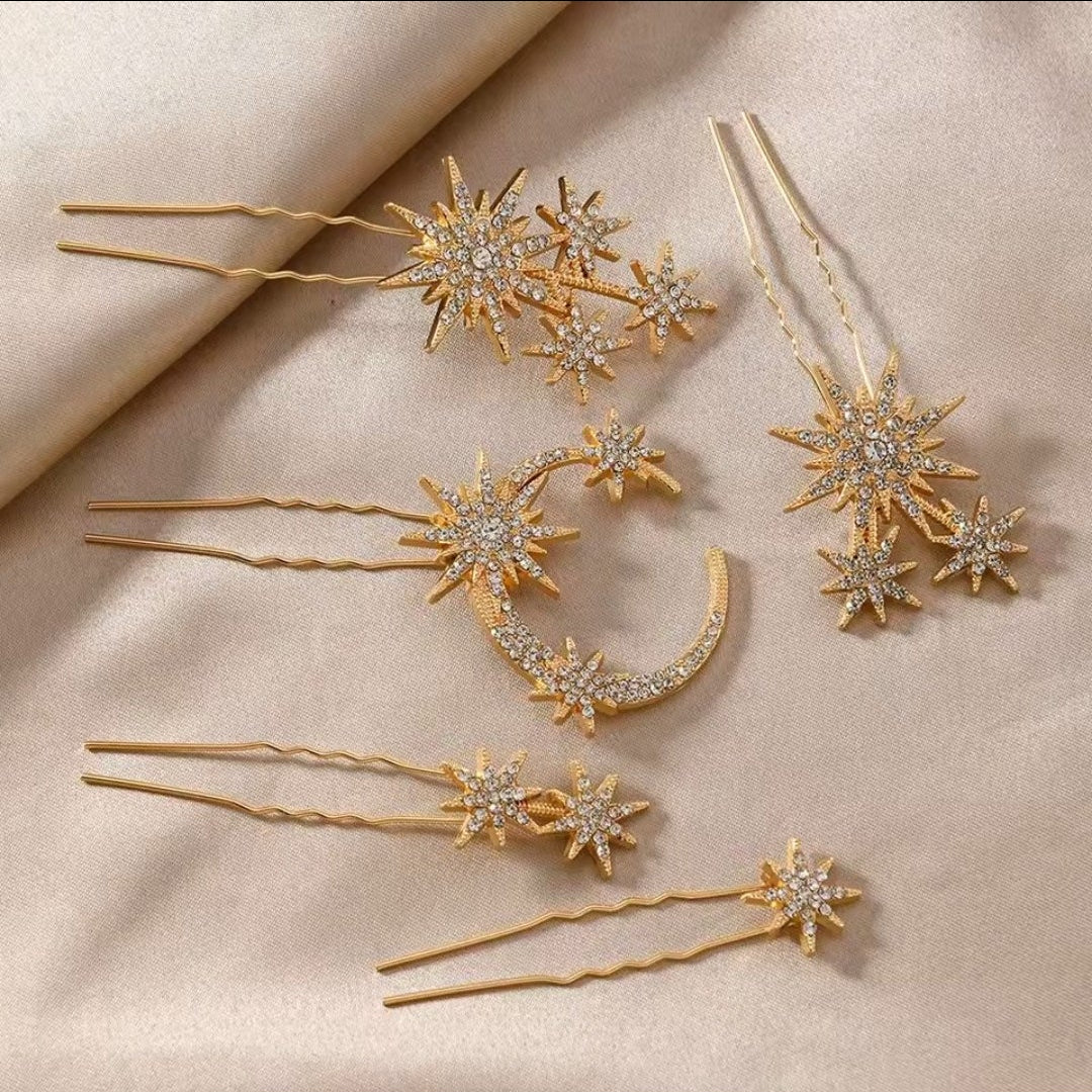 Mrs. Claus Gold Moon & Stars Hairpins