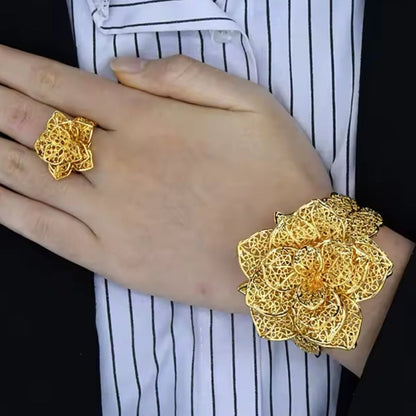 Mrs. Claus Cuff Bracelet & Ring set - Gold Poinsettia