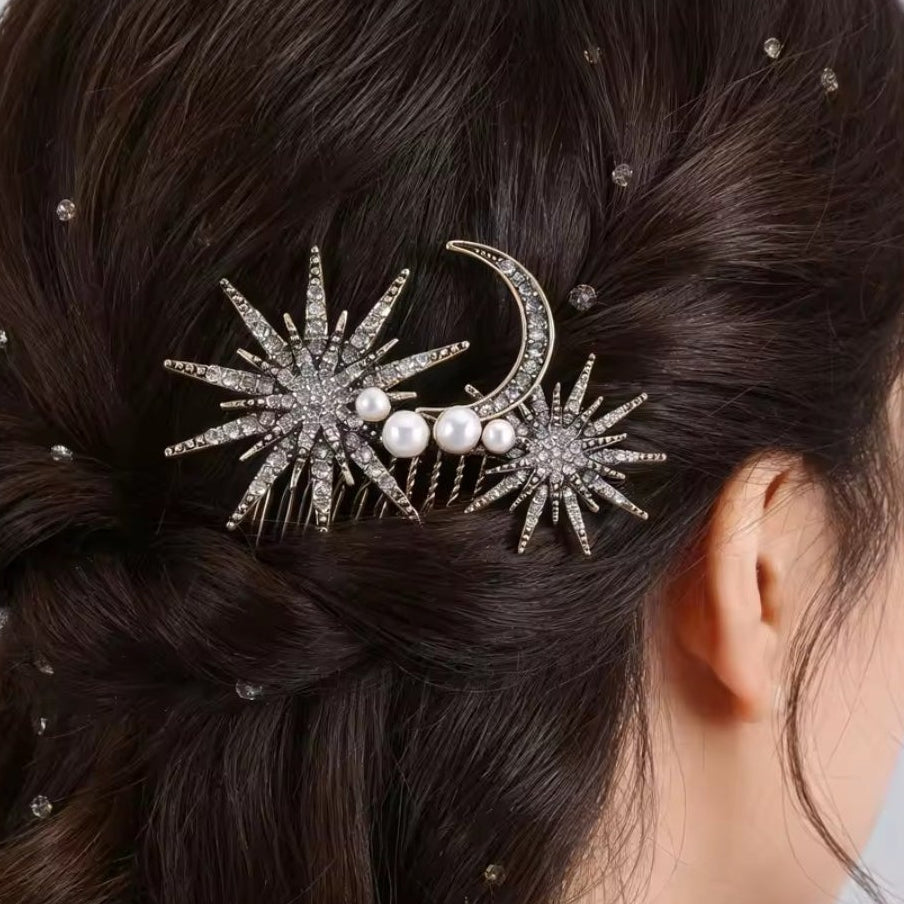 Mrs. Claus Antique Gold Stars & Moon Hair Piece
