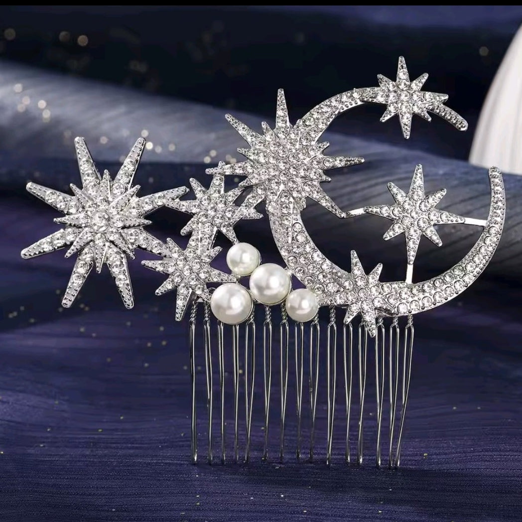 Mrs. Claus Large Silver Stars & Moon Hair Piece