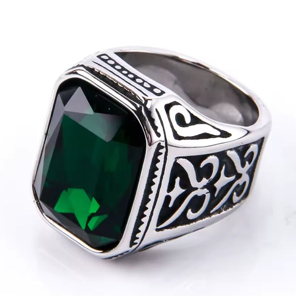 Santa Ring - Antique Silver w/ Green Gem