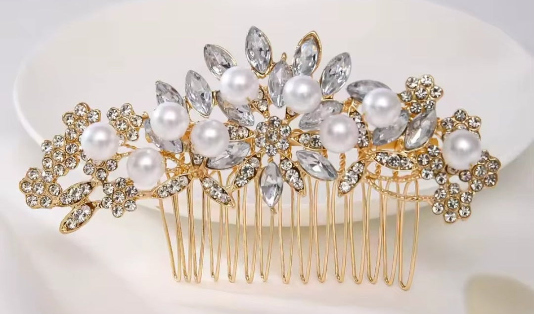 Mrs. Claus Gold Pearl & Flower Hair Piece