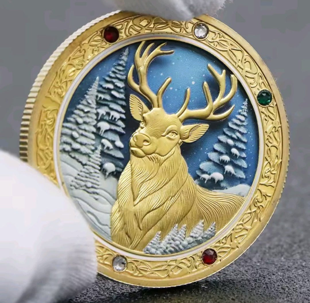 Santa’s Special Collectors Coins - Gold Reindeer w/ Gems & Santa