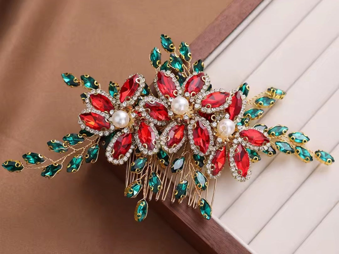 Mrs. Claus Red & Green Crystal Hair Piece