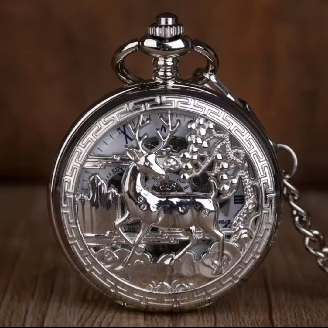Silver Reindeer Pocket Watch