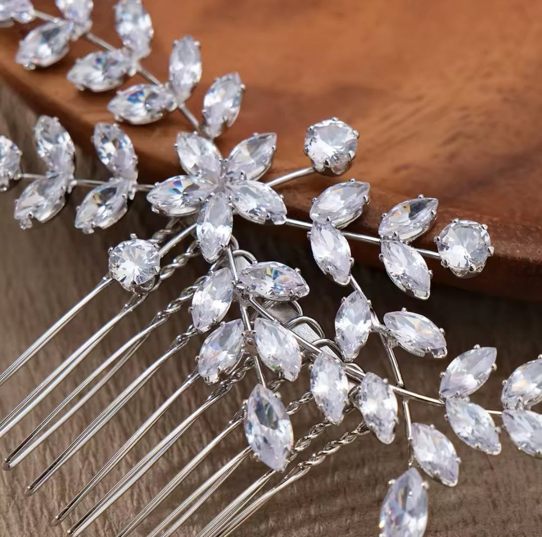 Mrs. Claus Silver Crystal Leaf Hair Piece