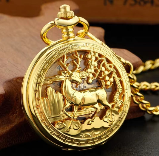 Gold Reindeer Pocket Watch
