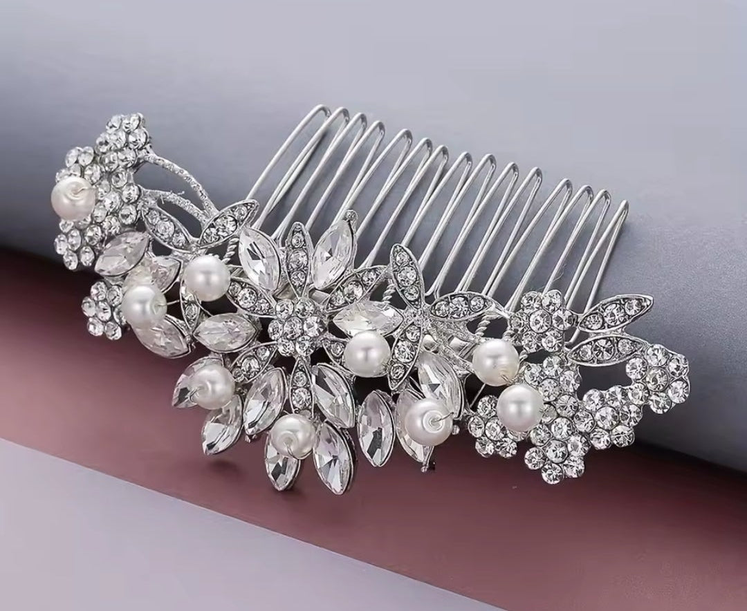 Mrs. Claus Silver Pearl & Flower Hair Piece